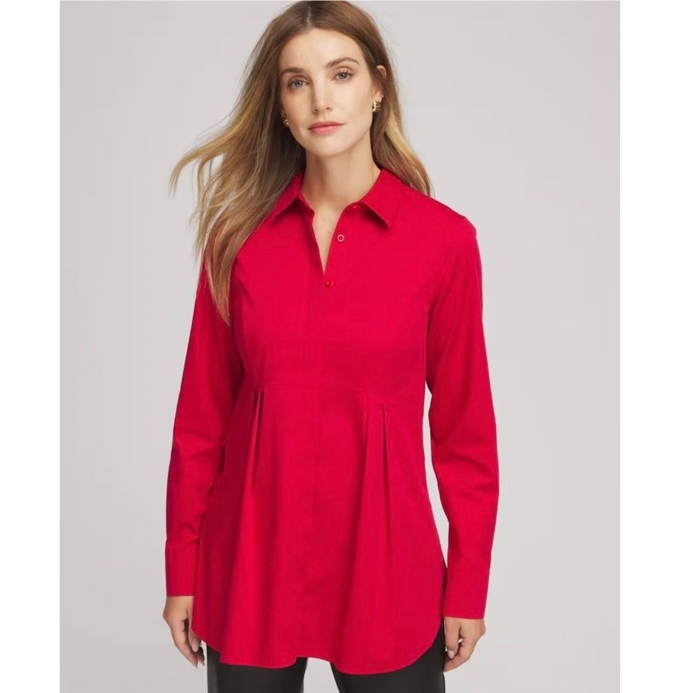 NEW Chico's‎ 2.5 Peplum Pleated Shirt Red Long Sleeve Button Up Women's 14